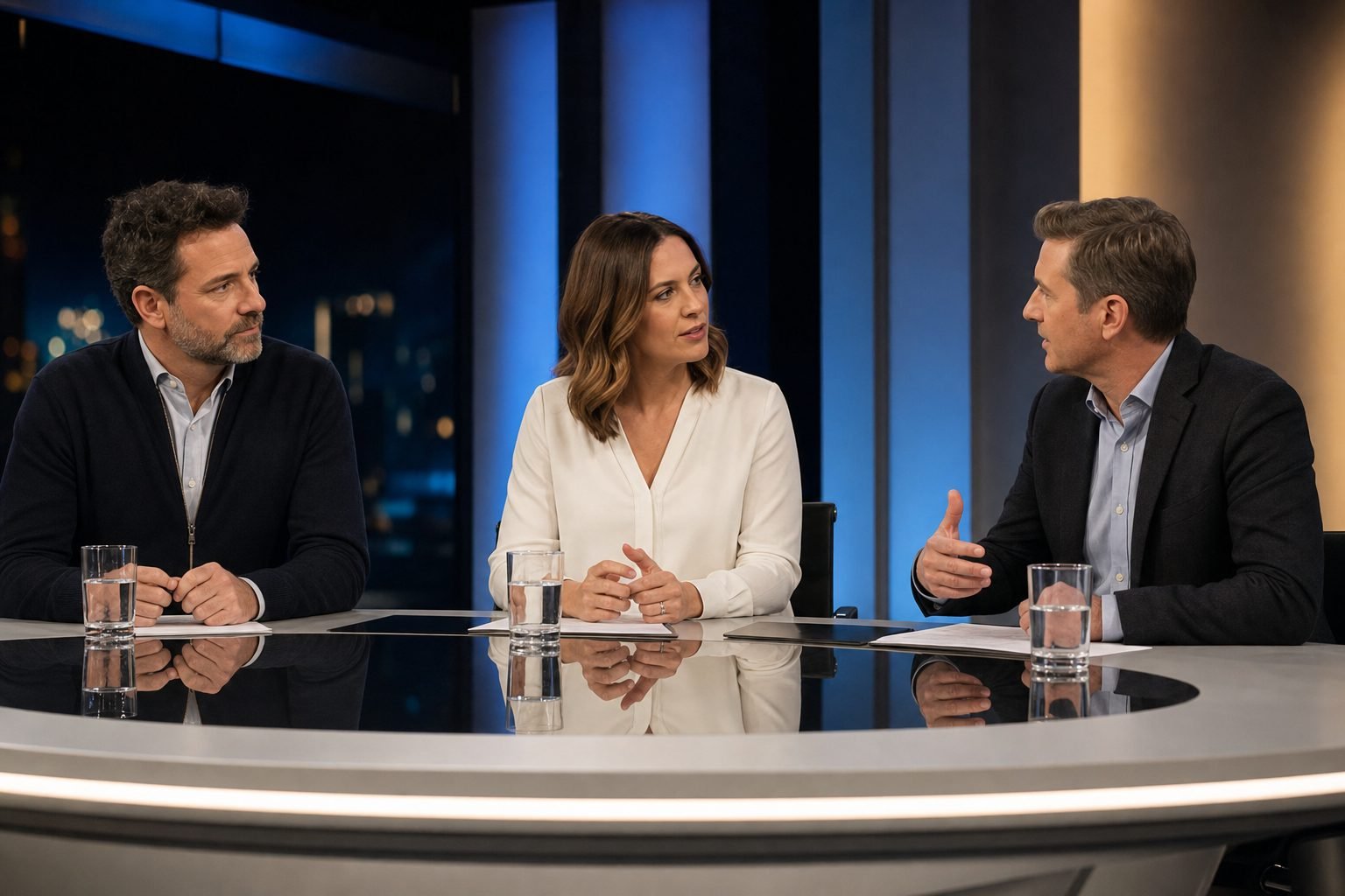 Drei Moderatoren diskutieren in einem TV-Studio über Einbruchsschutz und Überwachungskameras